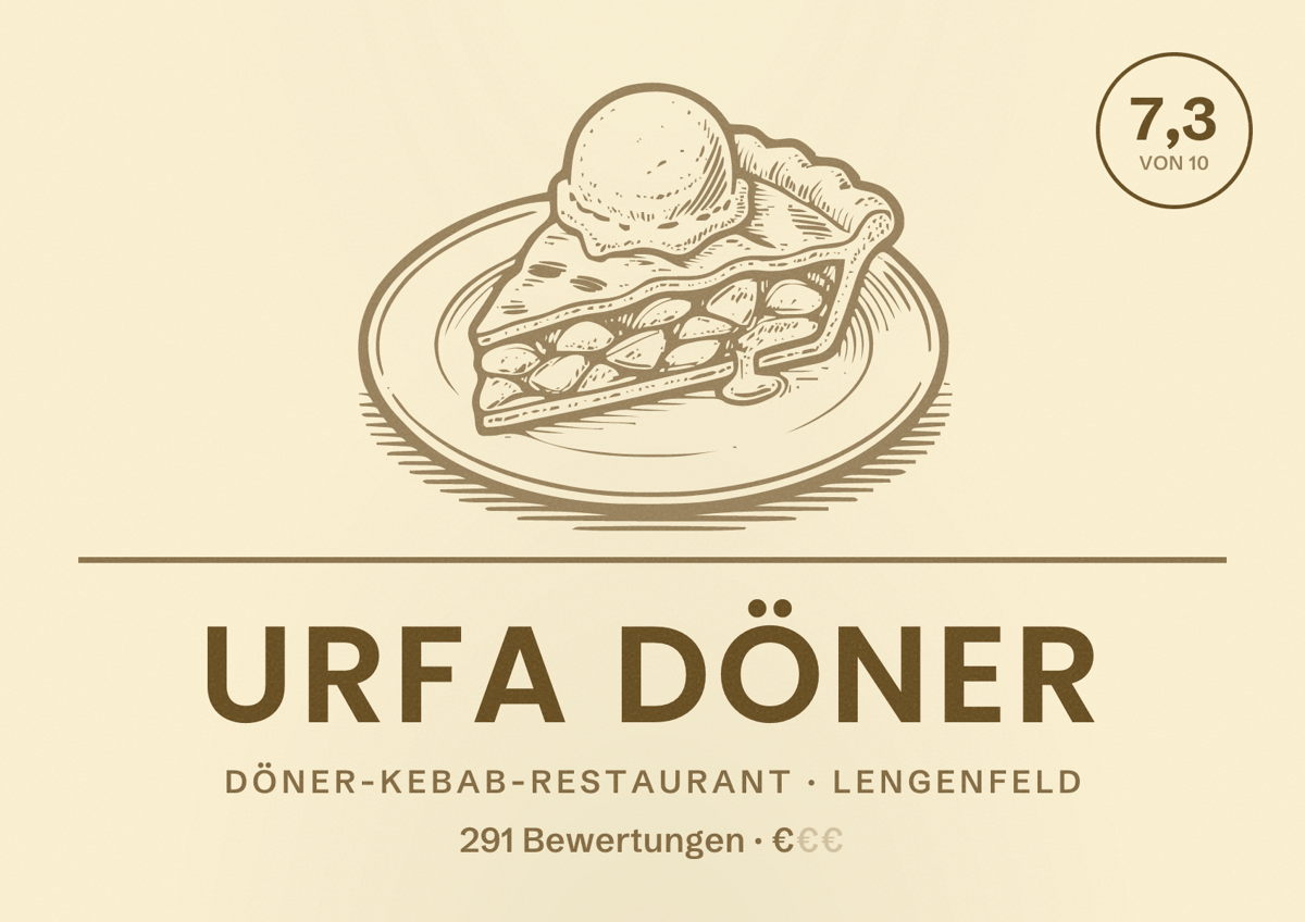 Illustriertes Poster von URFA DÖNER, Döner-Kebab-Restaurant in Lengenfeld: Bewertung 7,3 von 10 aus 291 Bewertungen, Preisniveau €