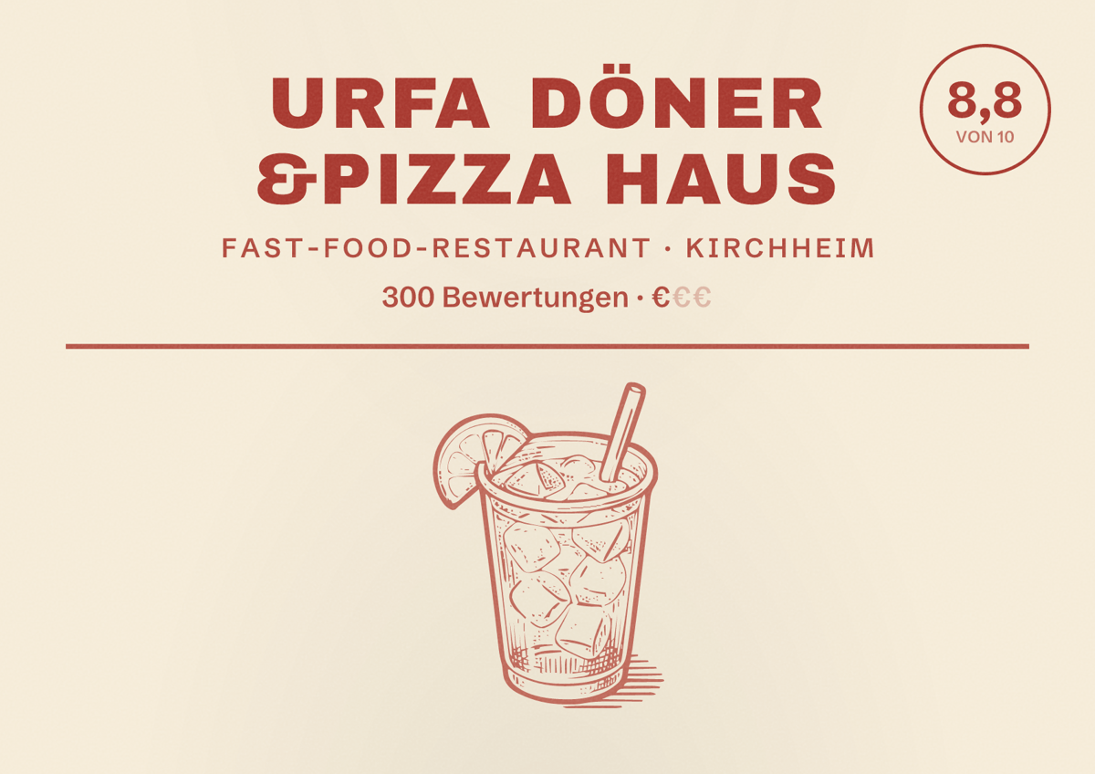 Illustriertes Poster von URFA DÖNER &PIZZA HAUS, Fast-Food-Restaurant in Kirchheim: Bewertung 8,8 von 10 aus 300 Bewertungen, Preisniveau €