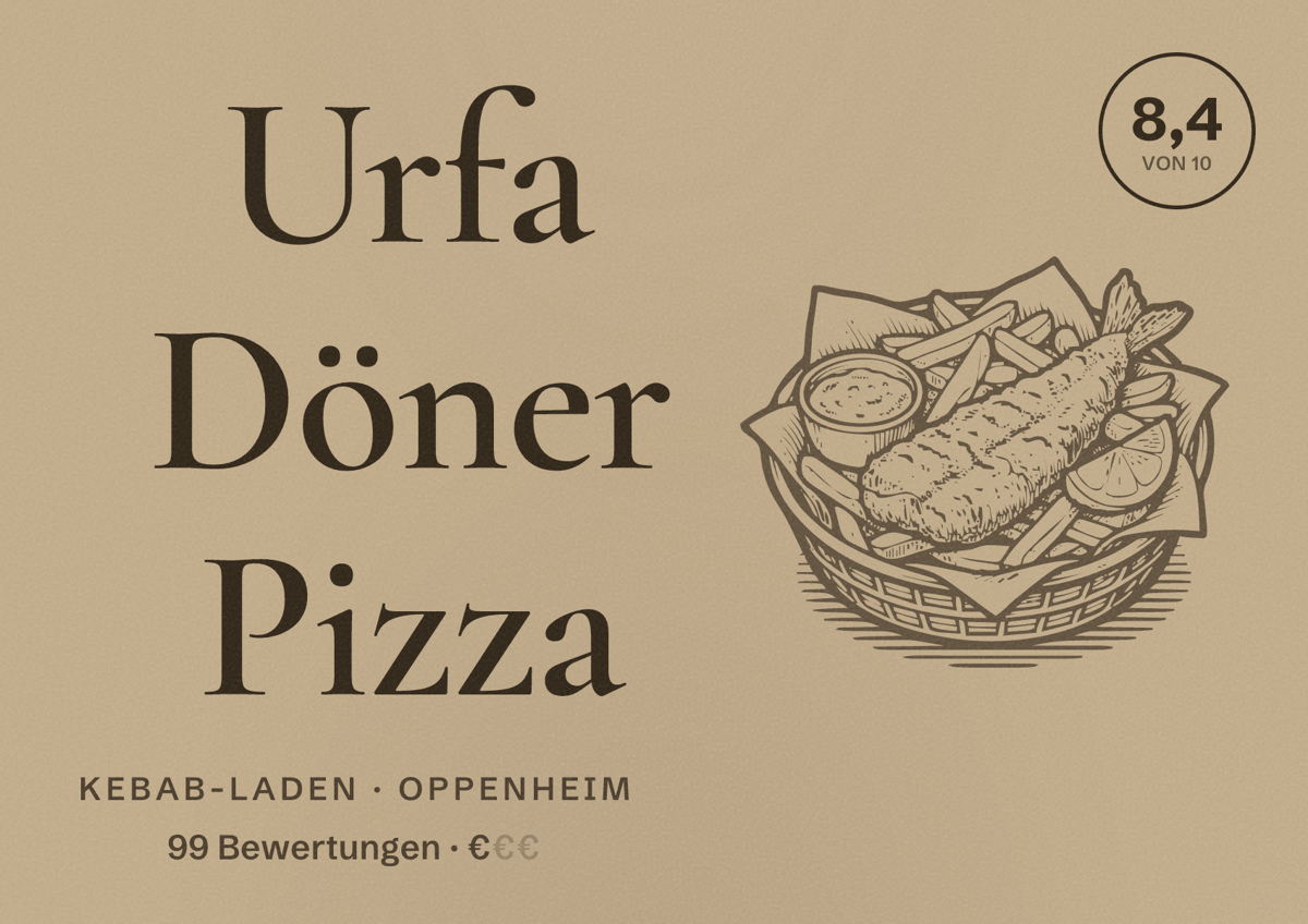 Illustriertes Poster von Urfa Döner Pizza, Kebab-Laden in Oppenheim: Bewertung 8,4 von 10 aus 99 Bewertungen, Preisniveau €