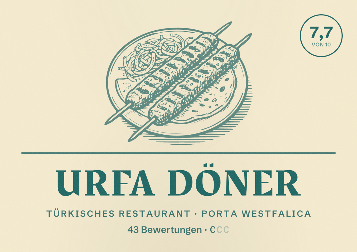 Illustriertes Poster von Urfa Döner, Türkisches Restaurant in Porta Westfalica: Bewertung 7,7 von 10 aus 43 Bewertungen, Preisniveau €