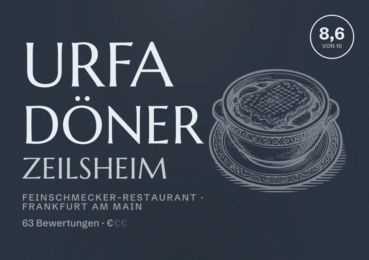 Illustriertes Poster von URFA DÖNER ZEILSHEIM, Feinschmecker-Restaurant in Frankfurt am Main: Bewertung 8,6 von 10 aus 63 Bewertungen, Preisniveau €