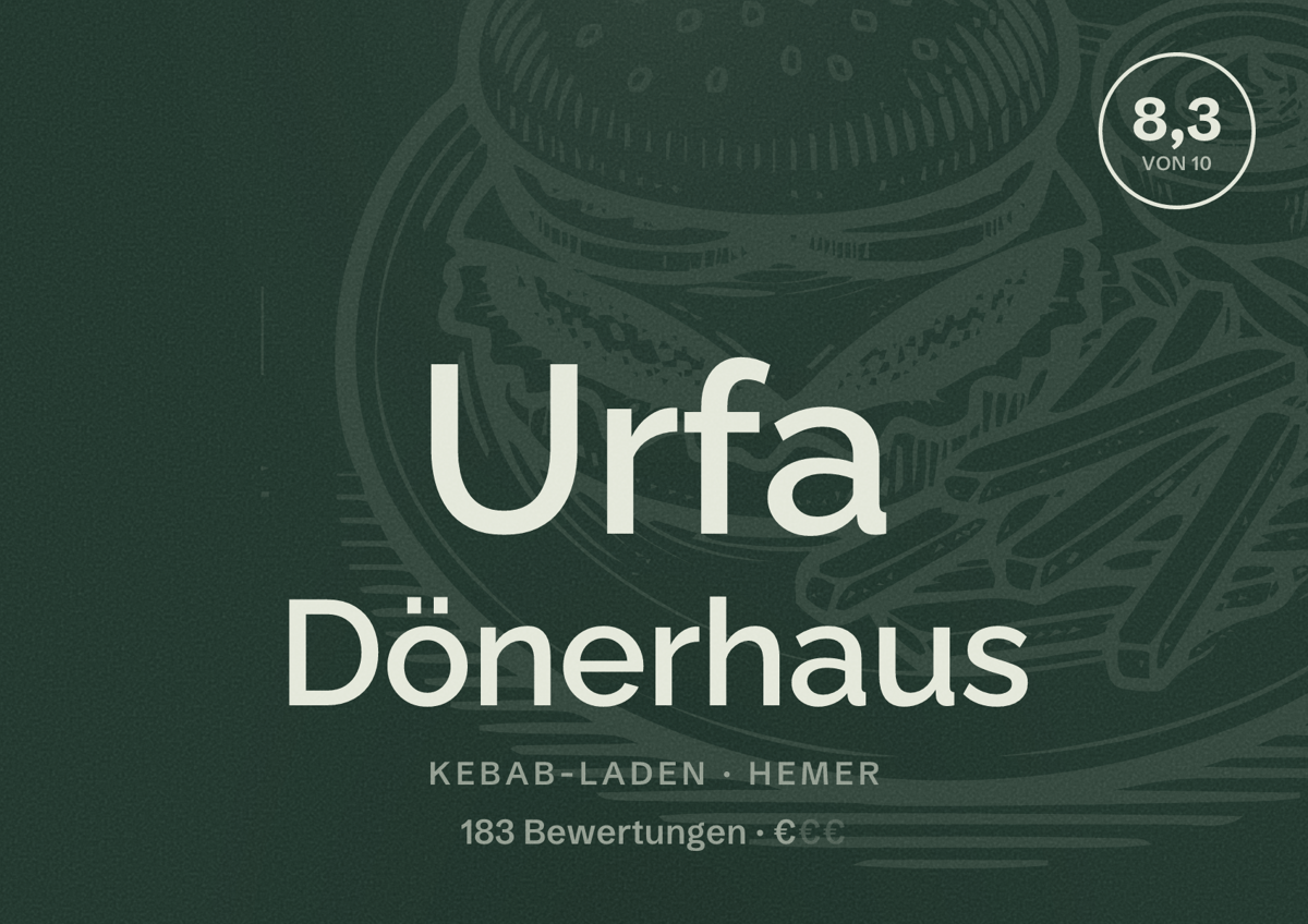 Illustriertes Poster von Urfa Dönerhaus, Kebab-Laden in Hemer: Bewertung 8,3 von 10 aus 183 Bewertungen, Preisniveau €
