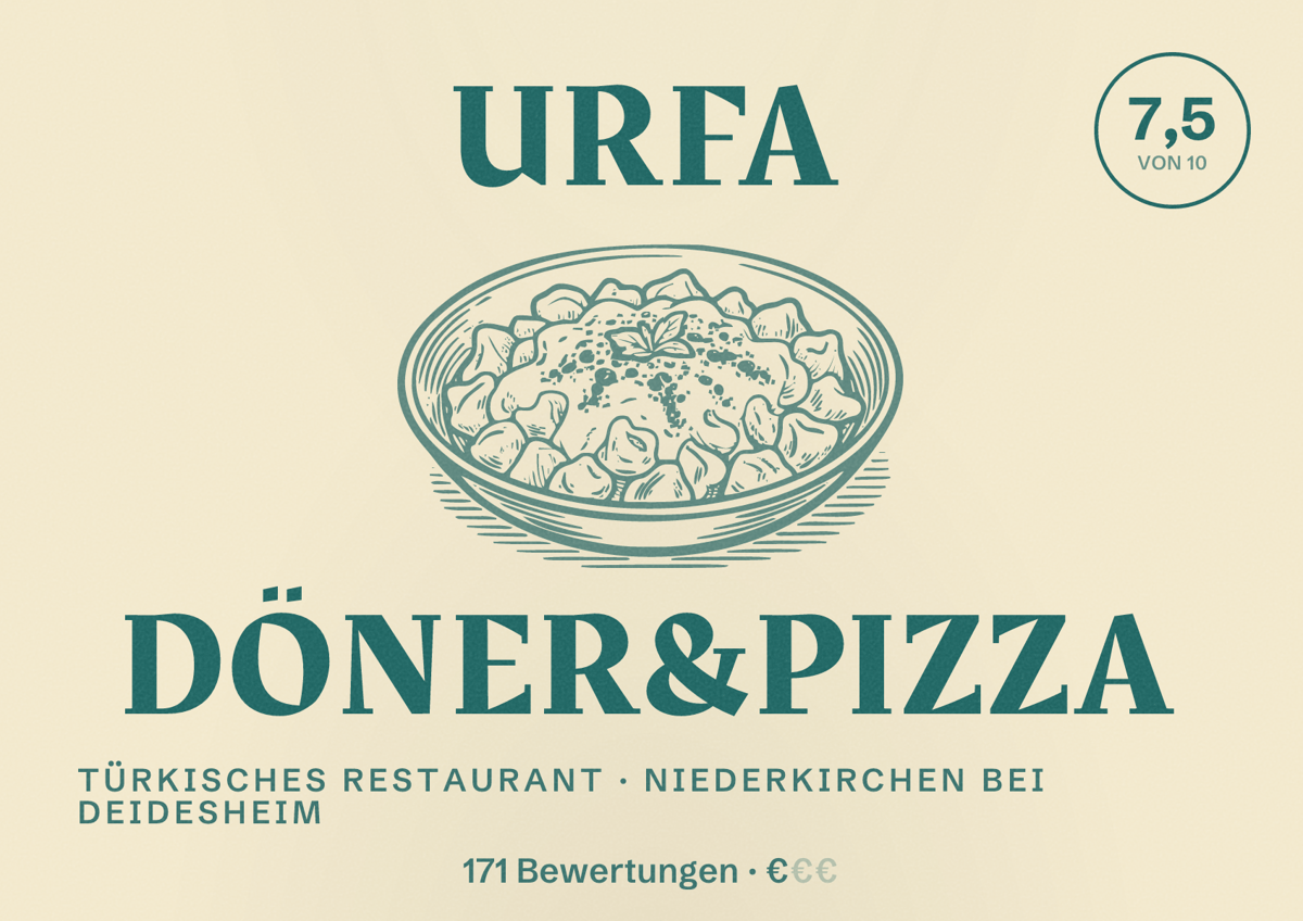 Illustriertes Poster von Urfa Döner&Pizza, Türkisches Restaurant in Niederkirchen bei Deidesheim: Bewertung 7,5 von 10 aus 171 Bewertungen, Preisniveau €