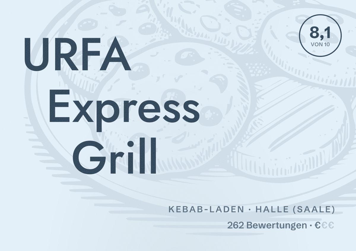 Illustriertes Poster von URFA Express Grill, Kebab-Laden in Halle (Saale): Bewertung 8,1 von 10 aus 262 Bewertungen, Preisniveau €