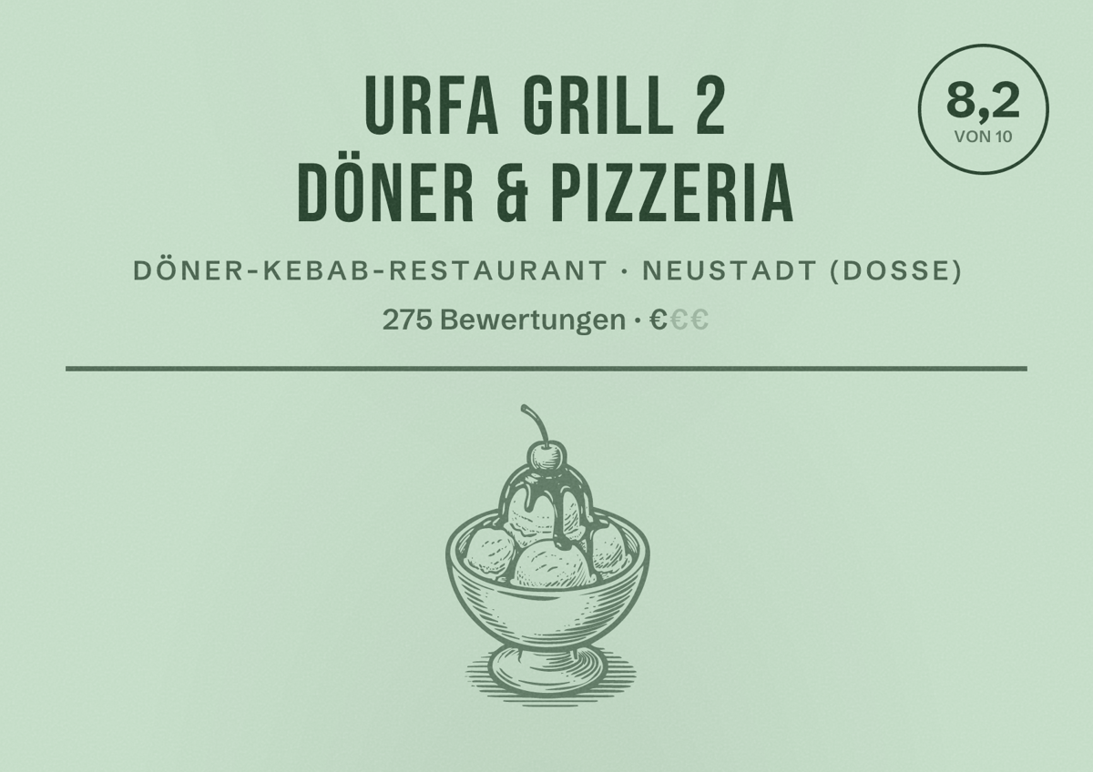 Illustriertes Poster von Urfa grill 2 Döner & pizzeria, Döner-Kebab-Restaurant in Neustadt (Dosse): Bewertung 8,2 von 10 aus 275 Bewertungen, Preisniveau €