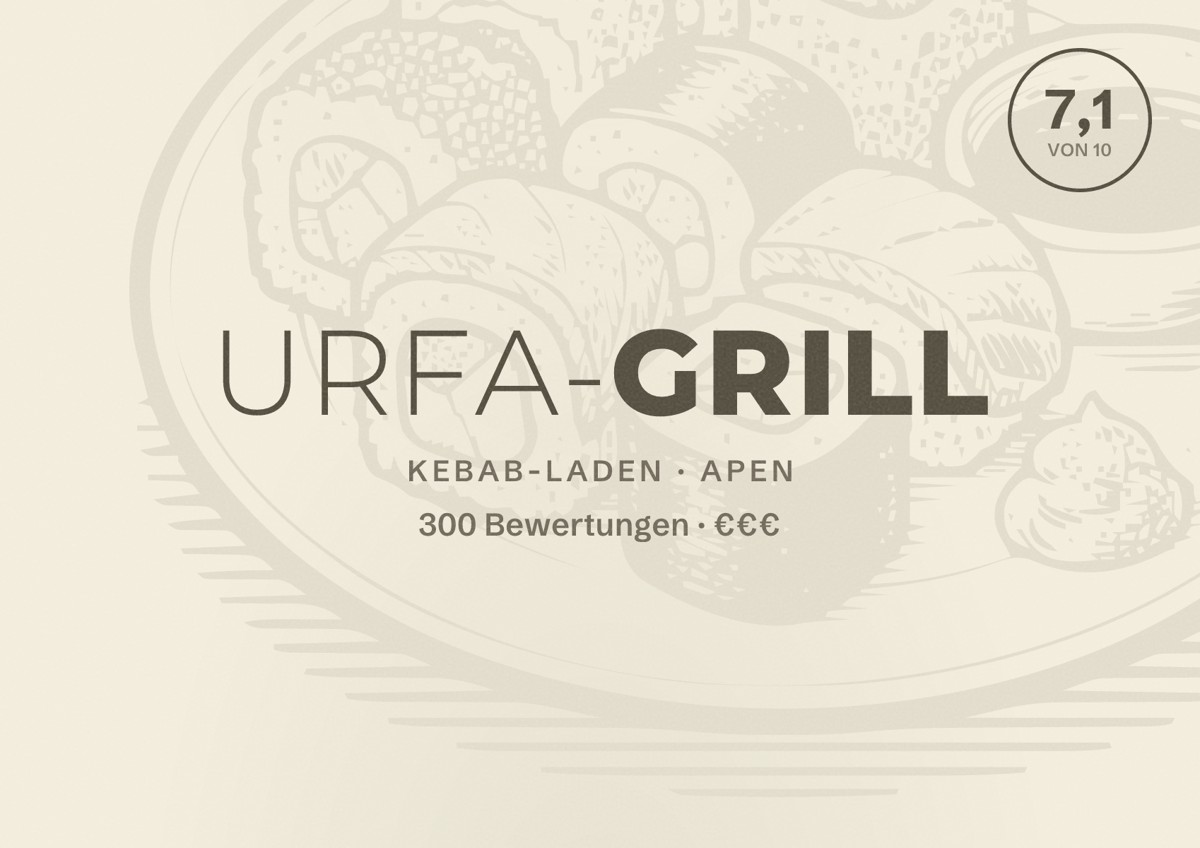 Illustriertes Poster von Urfa-Grill, Kebab-Laden in Apen: Bewertung 7,1 von 10 aus 300 Bewertungen, Preisniveau €€€