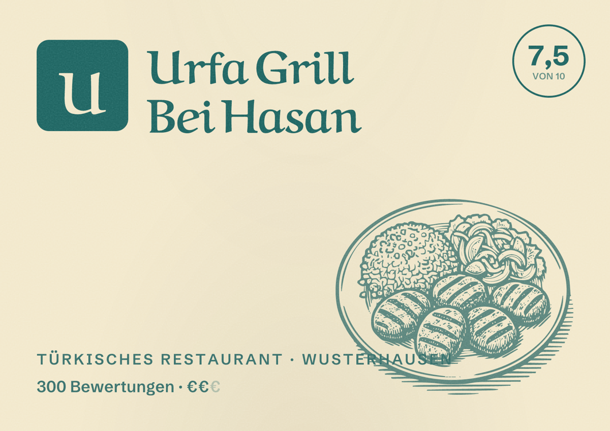 Illustriertes Poster von Urfa Grill Bei Hasan, Türkisches Restaurant in Wusterhausen: Bewertung 7,5 von 10 aus 300 Bewertungen, Preisniveau €€