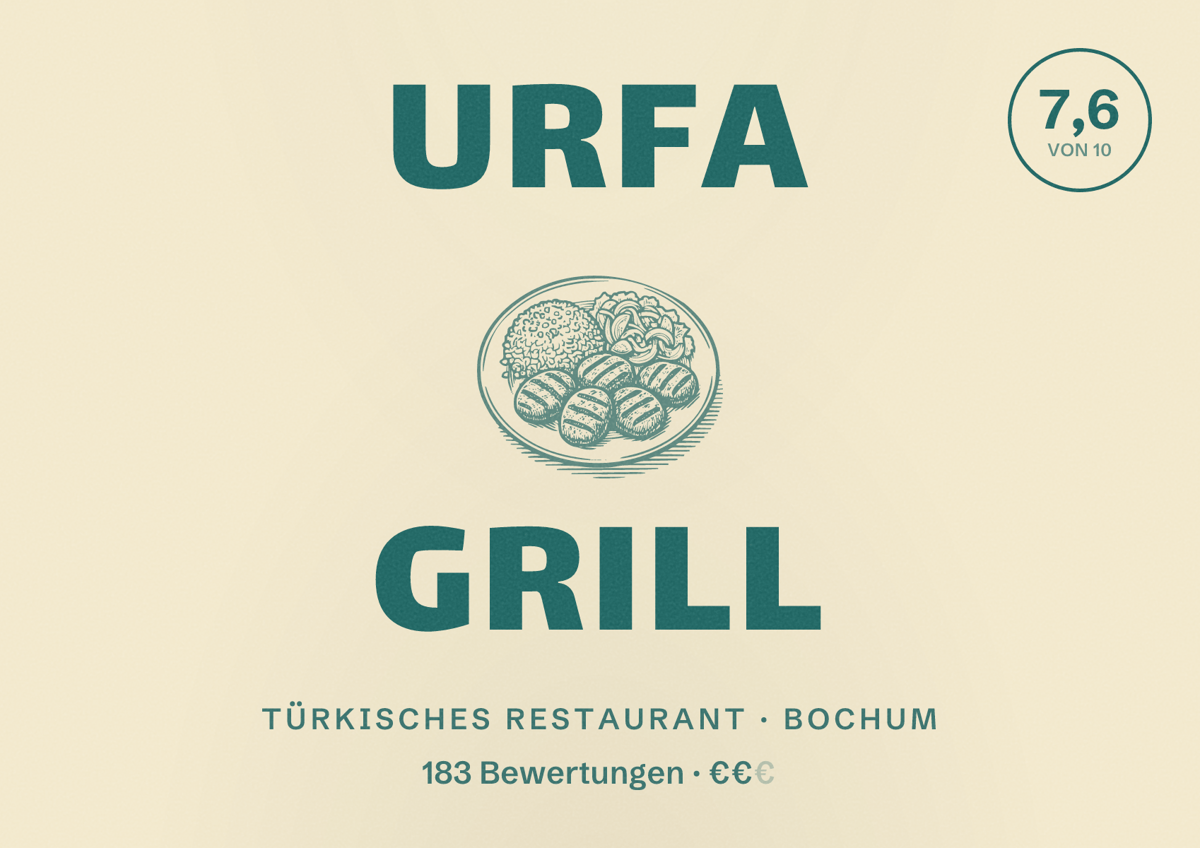Illustriertes Poster von Urfa Grill, Türkisches Restaurant in Bochum: Bewertung 7,6 von 10 aus 183 Bewertungen, Preisniveau €€