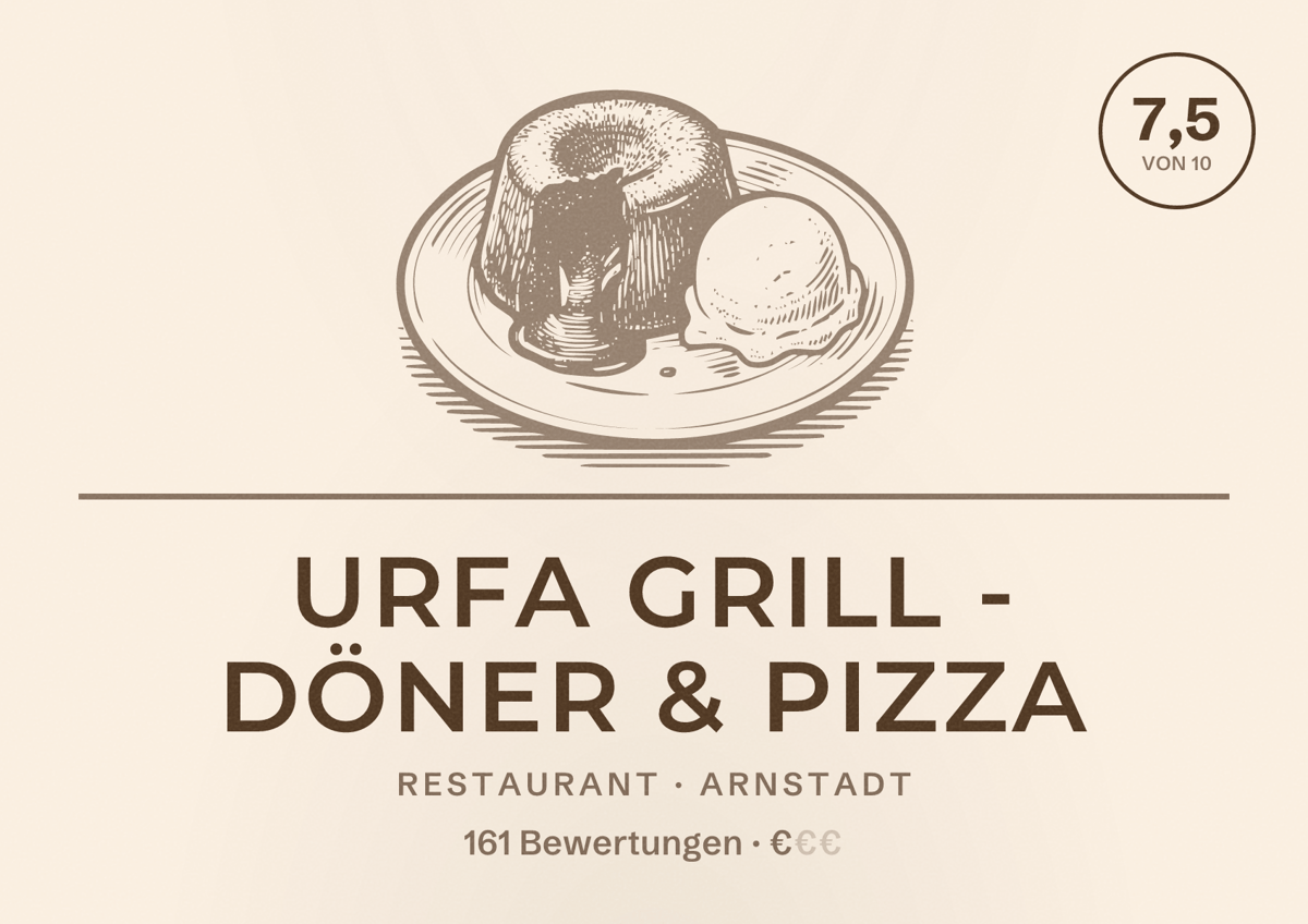 Illustriertes Poster von Urfa Grill - Döner & Pizza, Restaurant in Arnstadt: Bewertung 7,5 von 10 aus 161 Bewertungen, Preisniveau €