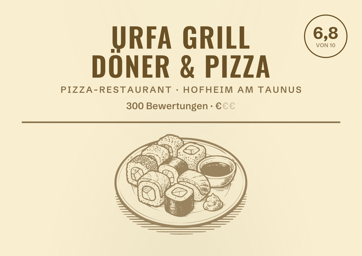 Illustriertes Poster von Urfa Grill Döner & Pizza, Pizza-Restaurant in Hofheim am Taunus: Bewertung 6,8 von 10 aus 300 Bewertungen, Preisniveau €