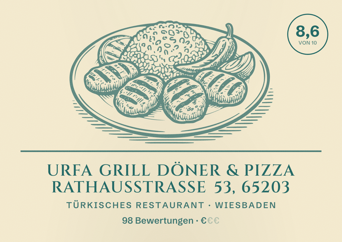 Illustriertes Poster von Urfa Grill Döner & Pizza Rathausstraße 53, 65203, Türkisches Restaurant in Wiesbaden: Bewertung 8,6 von 10 aus 98 Bewertungen, Preisniveau €