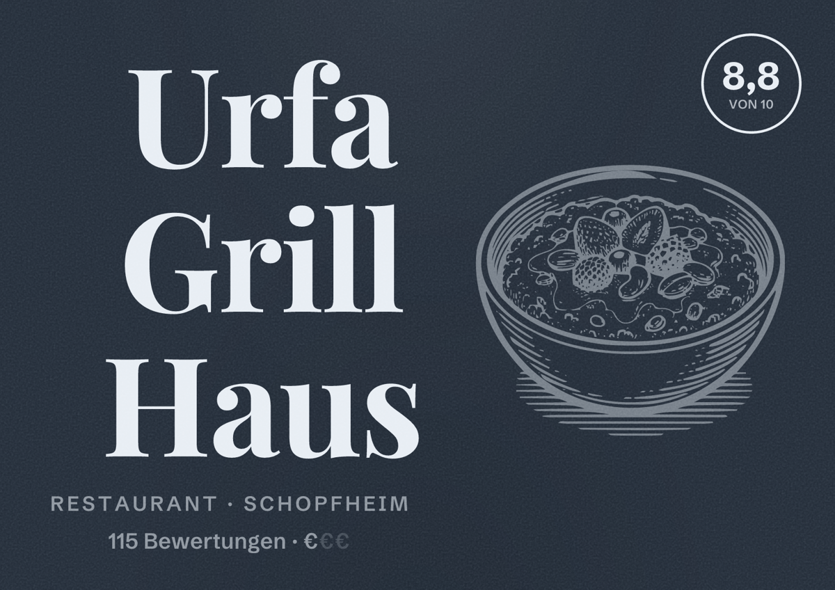 Illustriertes Poster von Urfa Grill Haus, Restaurant in Schopfheim: Bewertung 8,8 von 10 aus 115 Bewertungen, Preisniveau €