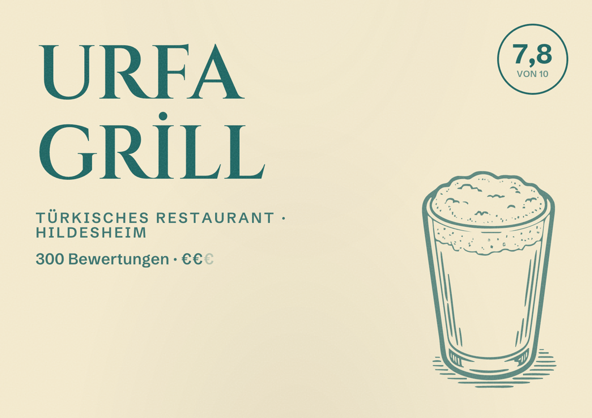 Illustriertes Poster von URFA GRİLL, Türkisches Restaurant in Hildesheim: Bewertung 7,8 von 10 aus 300 Bewertungen, Preisniveau €€