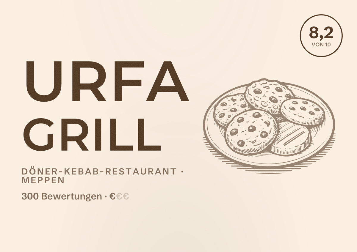 Illustriertes Poster von Urfa Grill, Döner-Kebab-Restaurant in Meppen: Bewertung 8,2 von 10 aus 300 Bewertungen, Preisniveau €