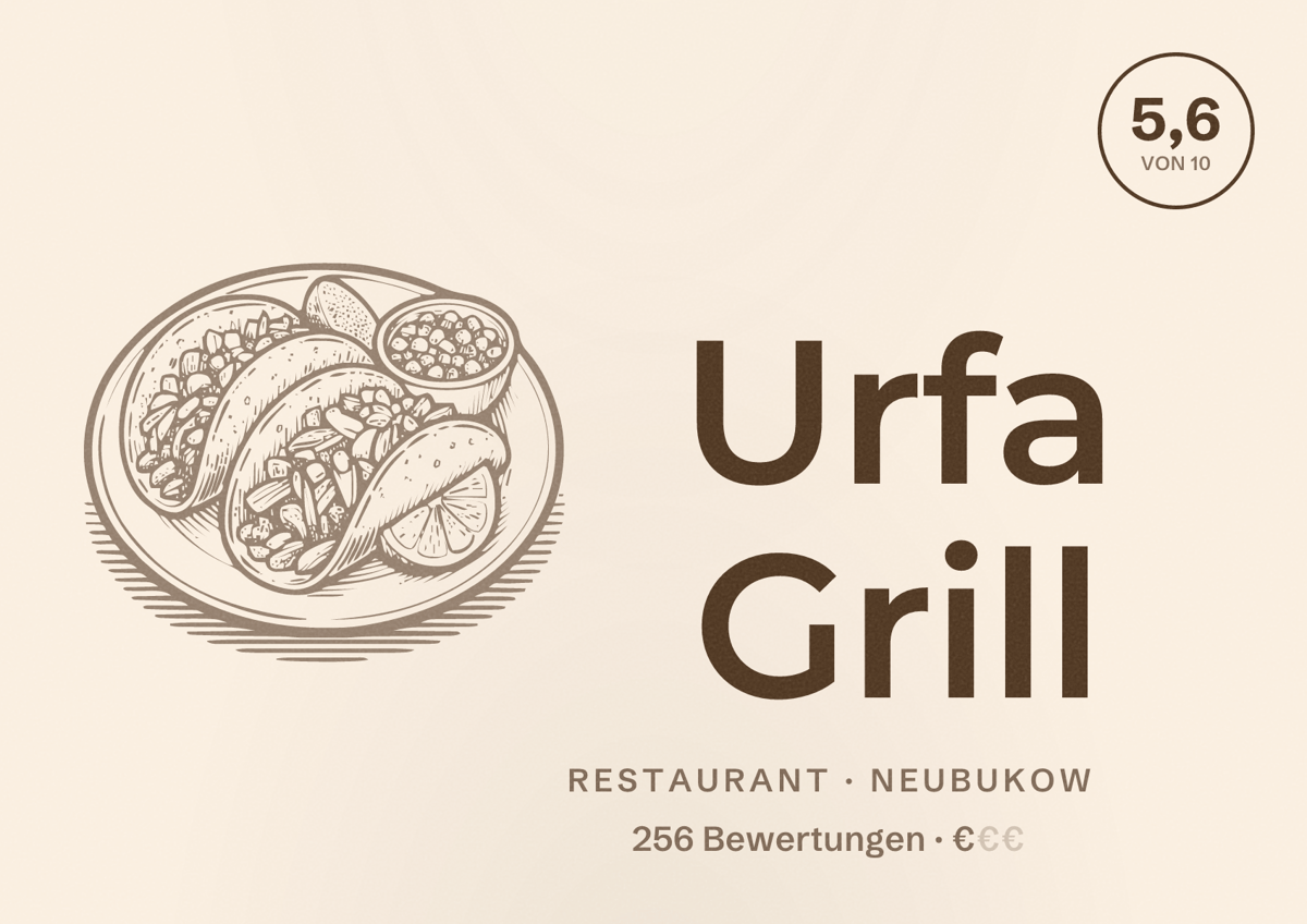 Illustriertes Poster von Urfa Grill, Restaurant in Neubukow: Bewertung 5,6 von 10 aus 256 Bewertungen, Preisniveau €