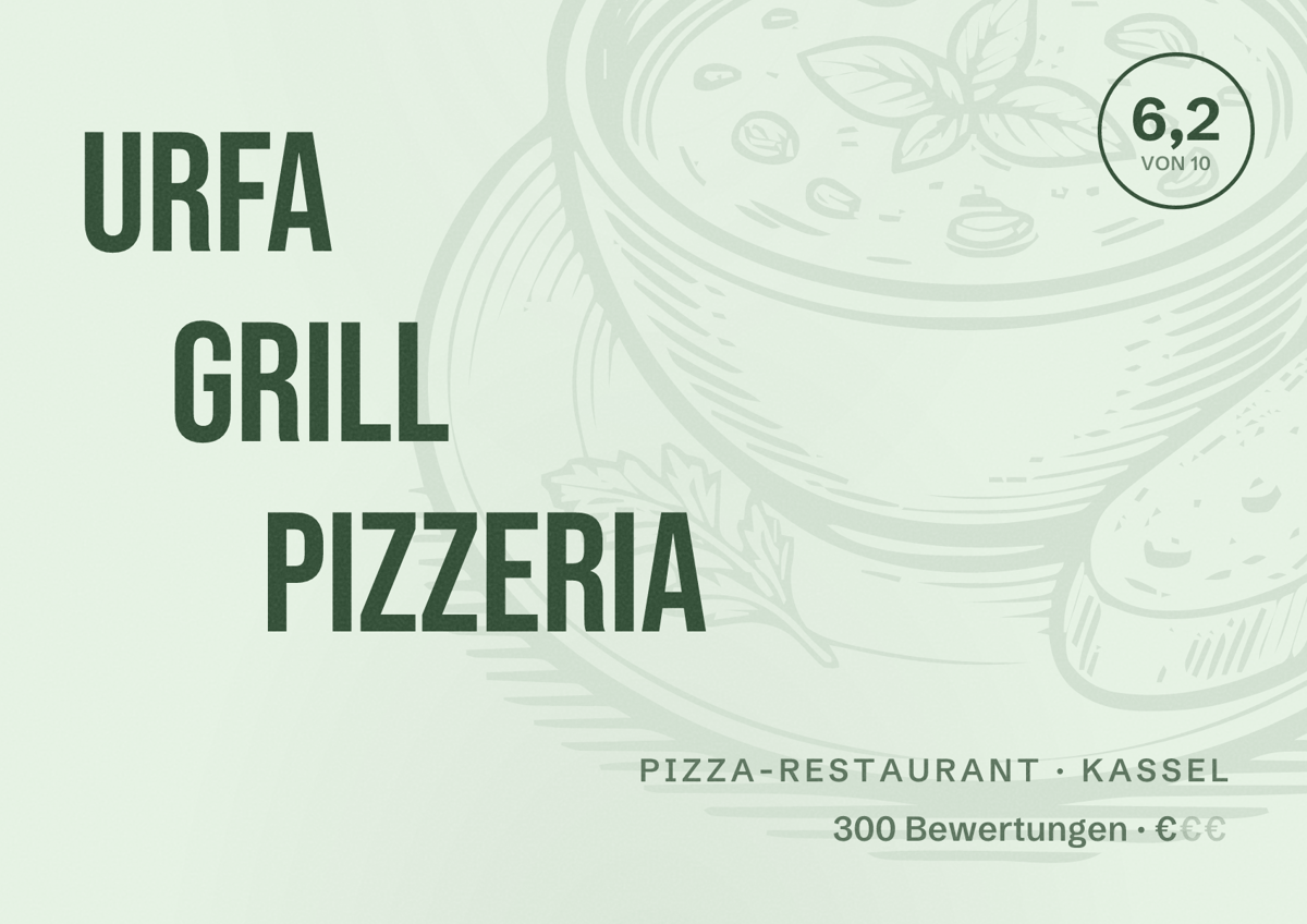 Illustriertes Poster von Urfa Grill Pizzeria, Pizza-Restaurant in Kassel: Bewertung 6,2 von 10 aus 300 Bewertungen, Preisniveau €