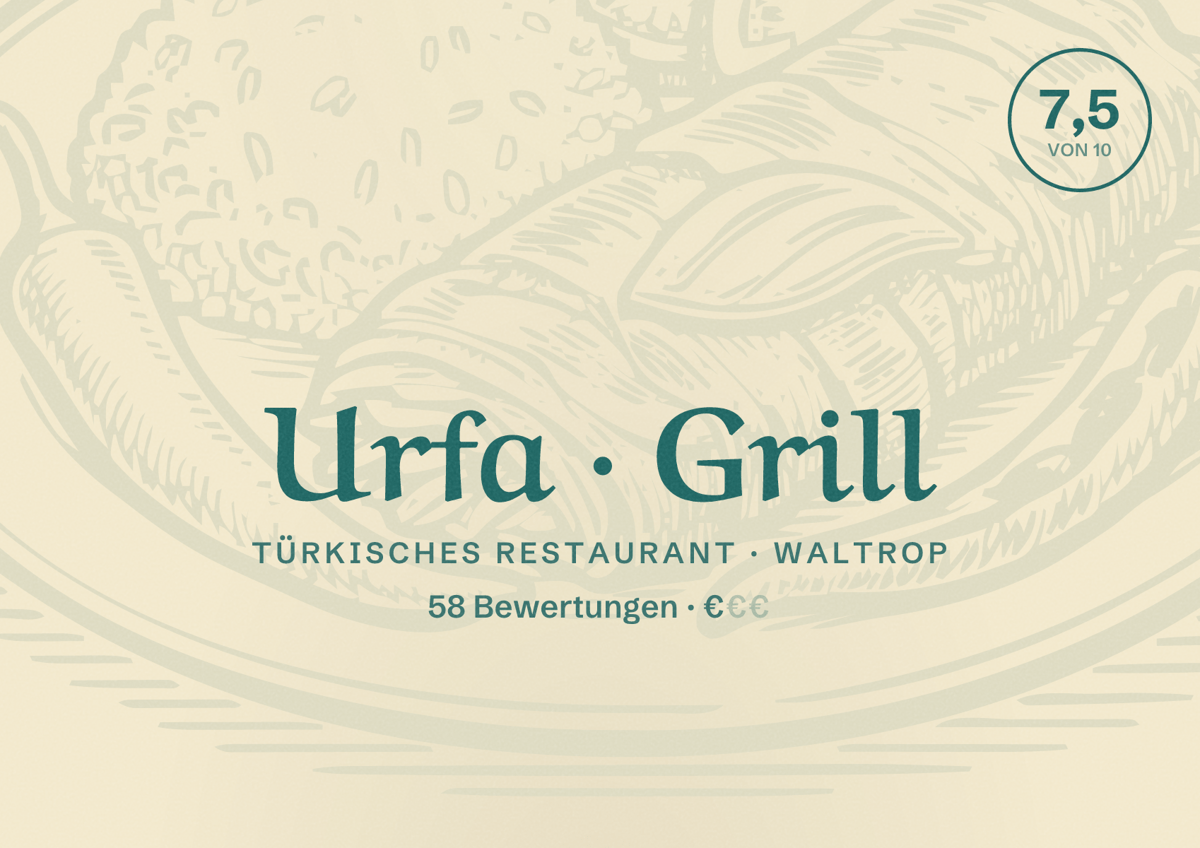 Illustriertes Poster von Urfa Grill, Türkisches Restaurant in Waltrop: Bewertung 7,5 von 10 aus 58 Bewertungen, Preisniveau €