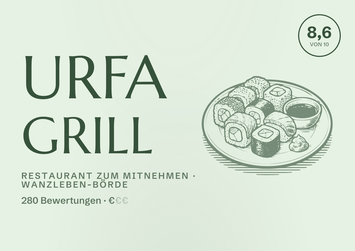 Illustriertes Poster von URFA GRILL, Restaurant zum Mitnehmen in Wanzleben-Börde: Bewertung 8,6 von 10 aus 280 Bewertungen, Preisniveau €