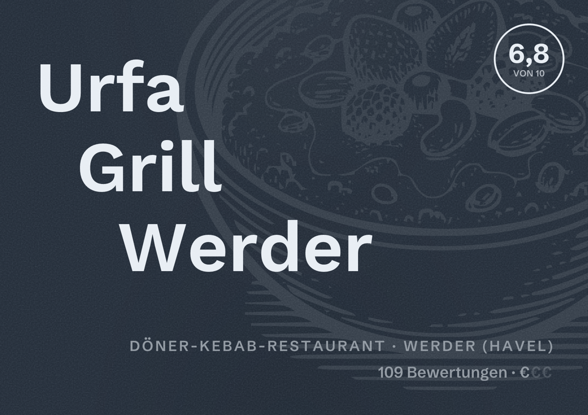 Illustriertes Poster von Urfa Grill Werder, Döner-Kebab-Restaurant in Werder (Havel): Bewertung 6,8 von 10 aus 109 Bewertungen, Preisniveau €
