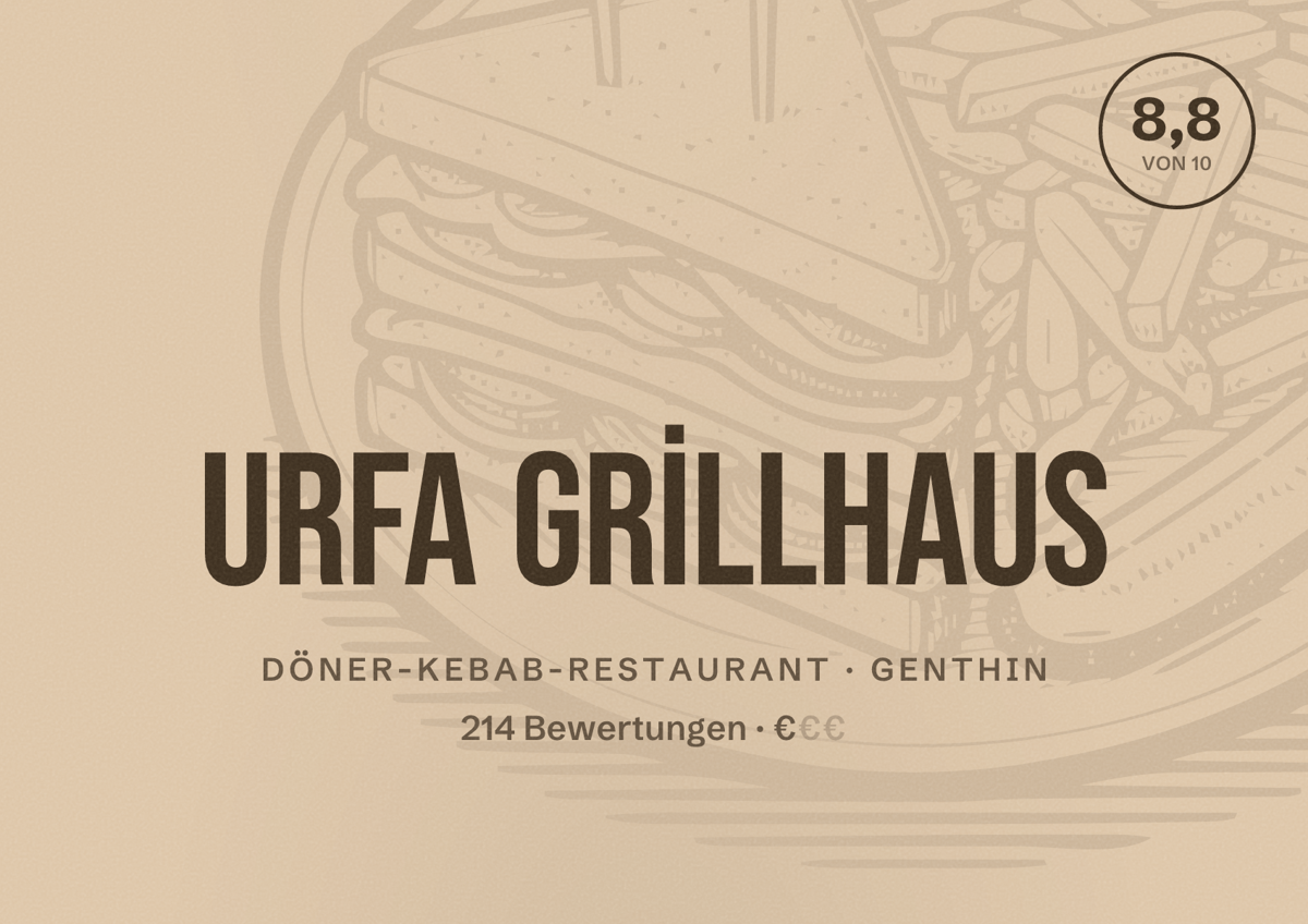 Illustriertes Poster von URFA GRİLLHAUS, Döner-Kebab-Restaurant in Genthin: Bewertung 8,8 von 10 aus 214 Bewertungen, Preisniveau €