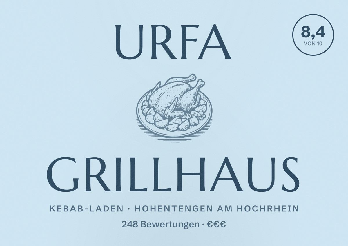 Illustriertes Poster von Urfa Grillhaus, Kebab-Laden in Hohentengen am Hochrhein: Bewertung 8,4 von 10 aus 248 Bewertungen, Preisniveau €€€