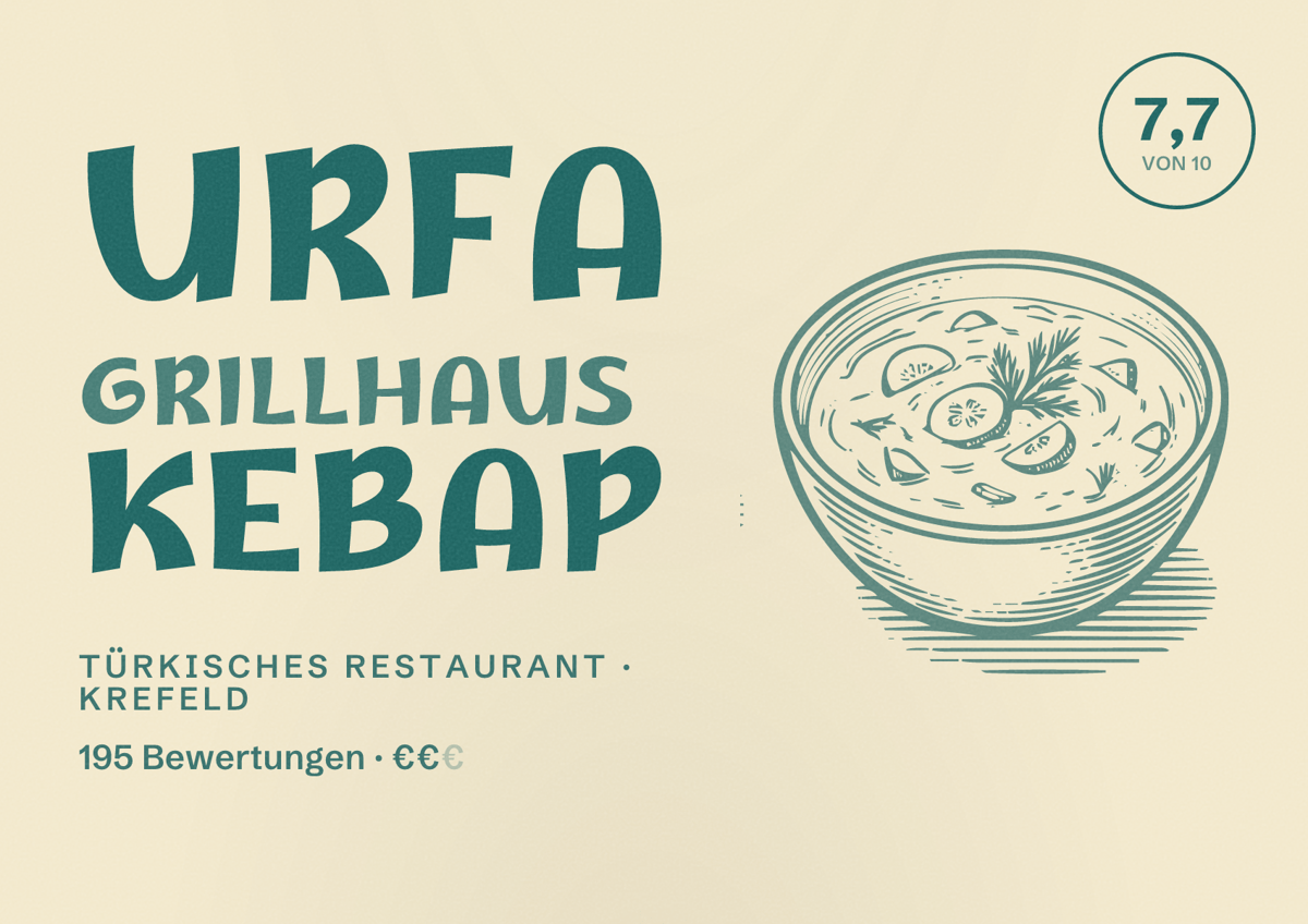 Illustriertes Poster von Urfa Grillhaus Kebap, Türkisches Restaurant in Krefeld: Bewertung 7,7 von 10 aus 195 Bewertungen, Preisniveau €€