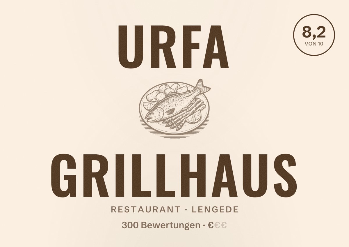 Illustriertes Poster von Urfa Grillhaus, Restaurant in Lengede: Bewertung 8,2 von 10 aus 300 Bewertungen, Preisniveau €