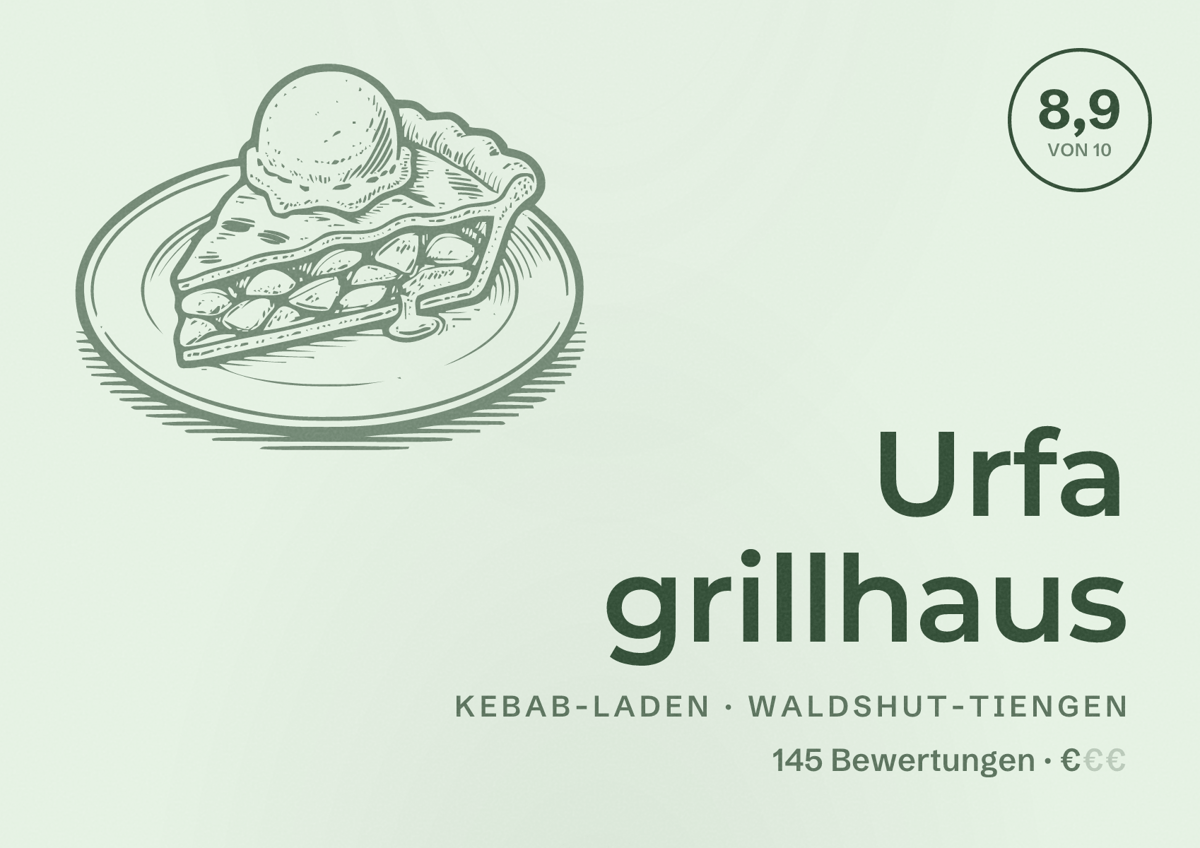 Illustriertes Poster von Urfa grillhaus, Kebab-Laden in Waldshut-Tiengen: Bewertung 8,9 von 10 aus 145 Bewertungen, Preisniveau €