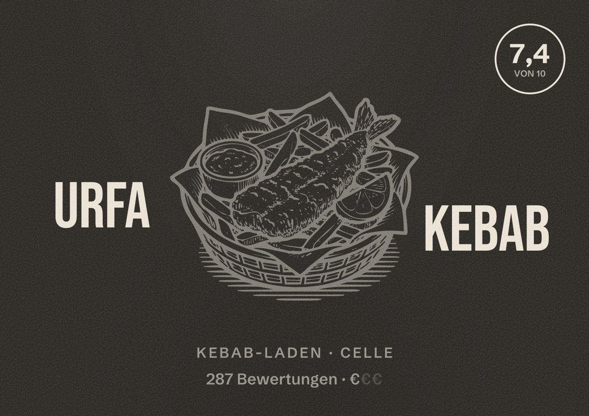Illustriertes Poster von Urfa Kebab, Kebab-Laden in Celle: Bewertung 7,4 von 10 aus 287 Bewertungen, Preisniveau €