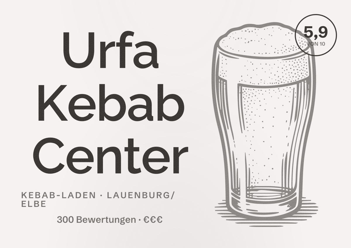 Illustriertes Poster von Urfa Kebab Center, Kebab-Laden in Lauenburg/Elbe: Bewertung 5,9 von 10 aus 300 Bewertungen, Preisniveau €€€