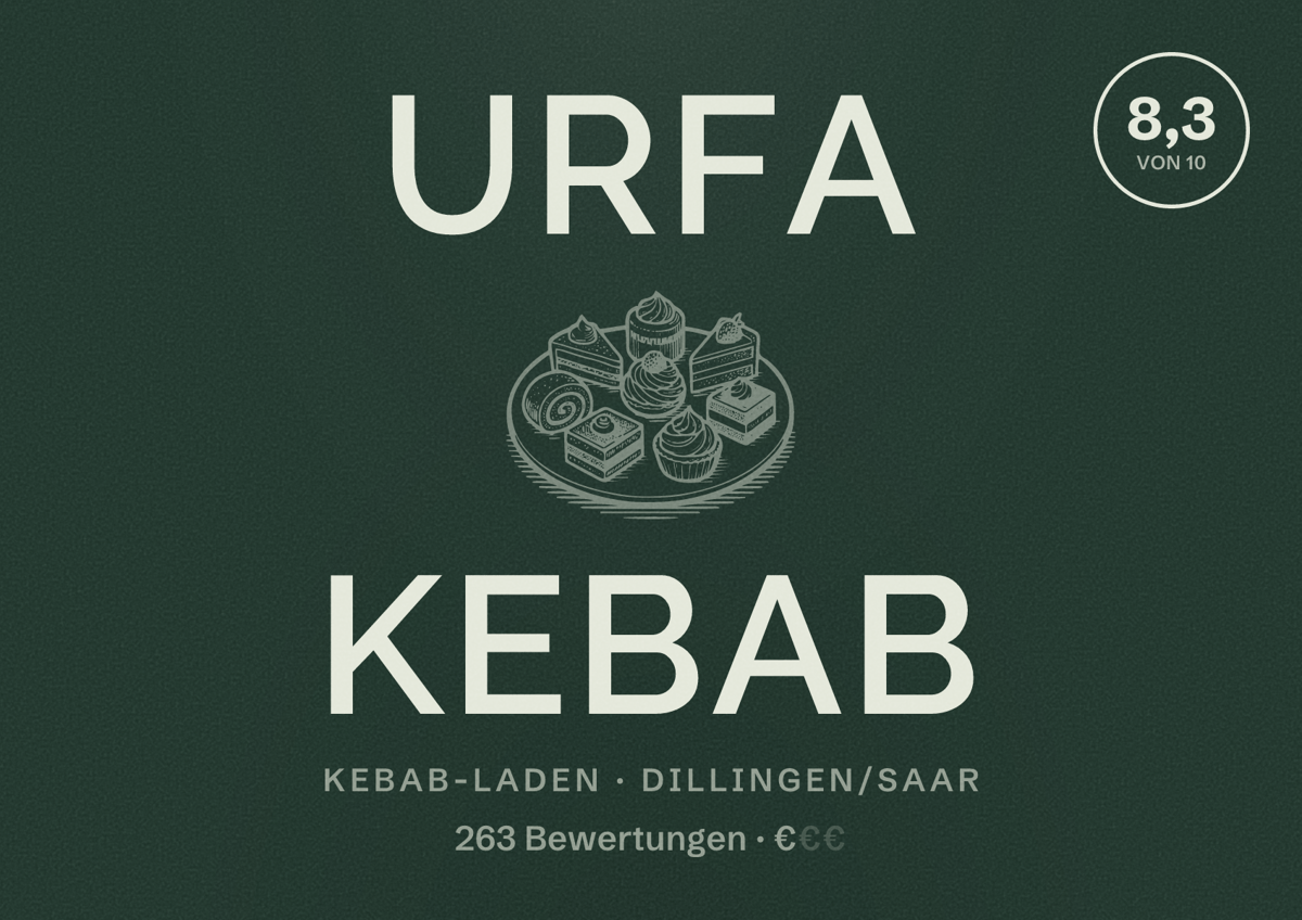 Illustriertes Poster von URFA KEBAB, Kebab-Laden in Dillingen/Saar: Bewertung 8,3 von 10 aus 263 Bewertungen, Preisniveau €