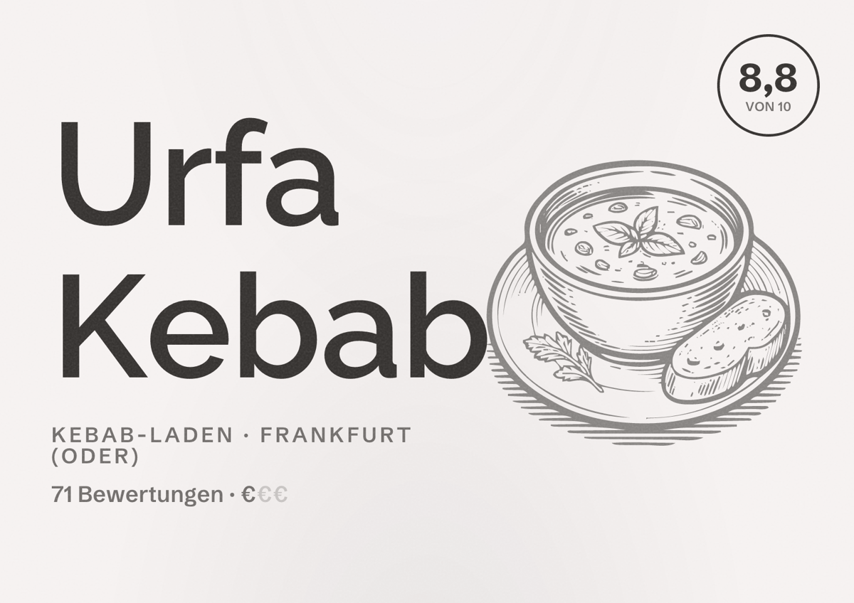 Illustriertes Poster von Urfa Kebab, Kebab-Laden in Frankfurt (Oder): Bewertung 8,8 von 10 aus 71 Bewertungen, Preisniveau €