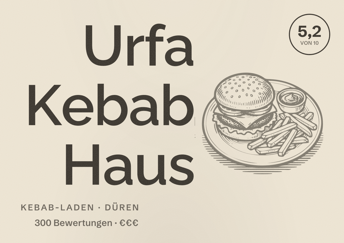 Illustriertes Poster von Urfa Kebab Haus, Kebab-Laden in Düren: Bewertung 5,2 von 10 aus 300 Bewertungen, Preisniveau €€€