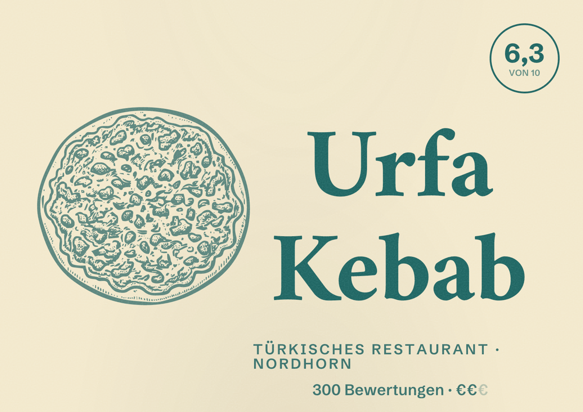 Illustriertes Poster von Urfa Kebab, Türkisches Restaurant in Nordhorn: Bewertung 6,3 von 10 aus 300 Bewertungen, Preisniveau €€