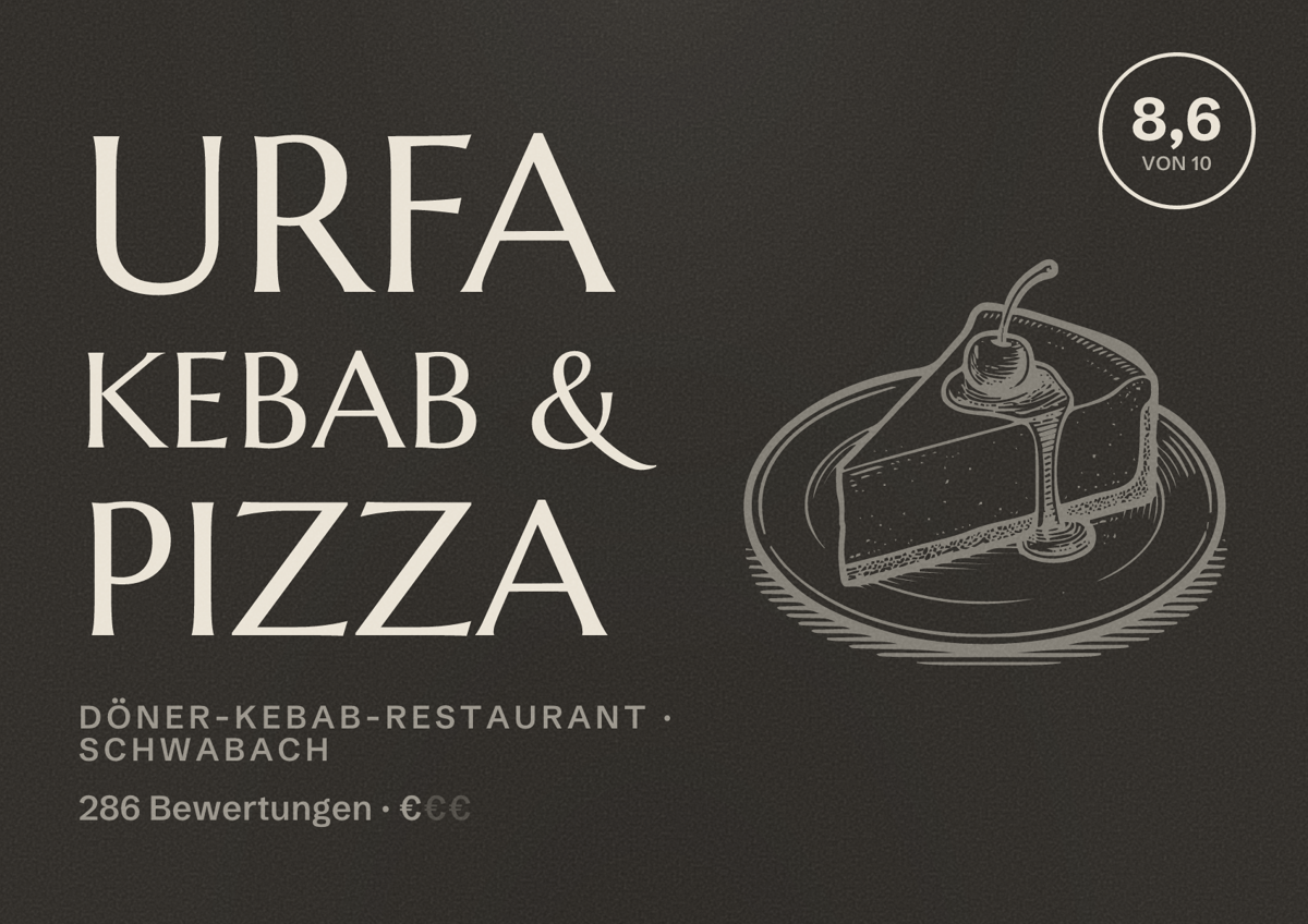 Illustriertes Poster von Urfa Kebab & Pizza, Döner-Kebab-Restaurant in Schwabach: Bewertung 8,6 von 10 aus 286 Bewertungen, Preisniveau €