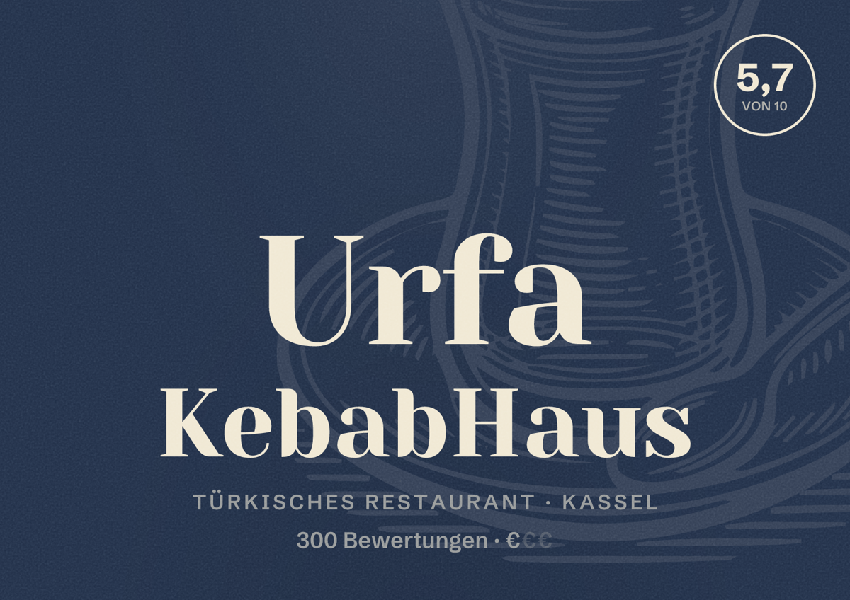 Illustriertes Poster von Urfa KebabHaus, Türkisches Restaurant in Kassel: Bewertung 5,7 von 10 aus 300 Bewertungen, Preisniveau €