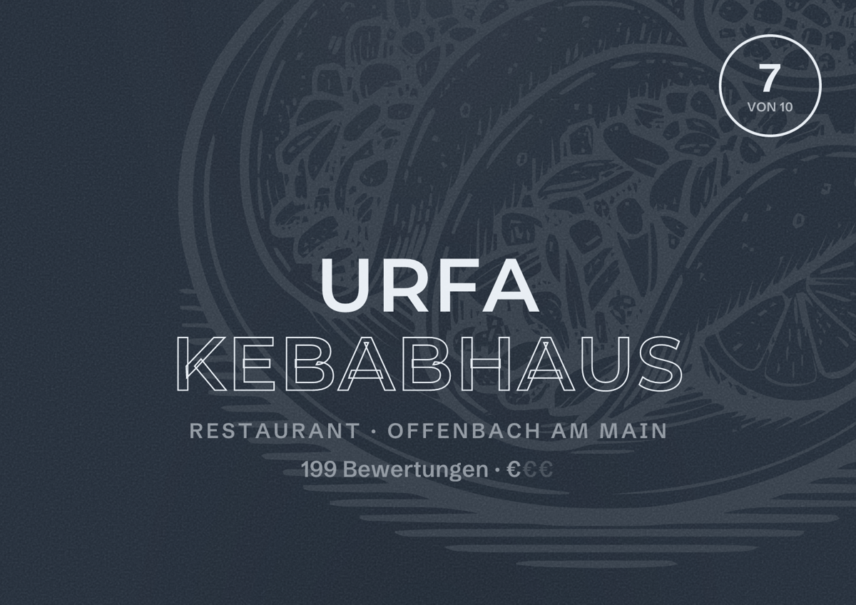 Illustriertes Poster von Urfa Kebabhaus, Restaurant in Offenbach am Main: Bewertung 7 von 10 aus 199 Bewertungen, Preisniveau €