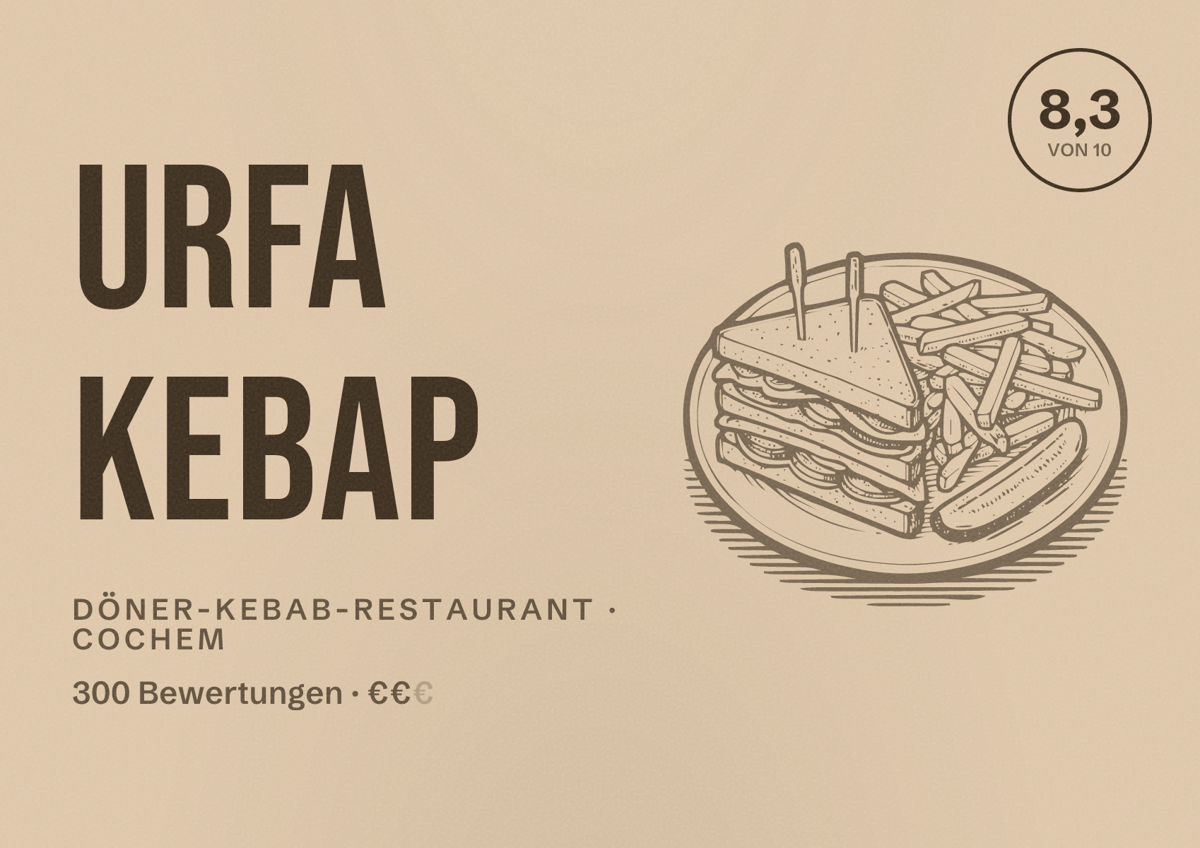 Illustriertes Poster von Urfa Kebap, Döner-Kebab-Restaurant in Cochem: Bewertung 8,3 von 10 aus 300 Bewertungen, Preisniveau €€