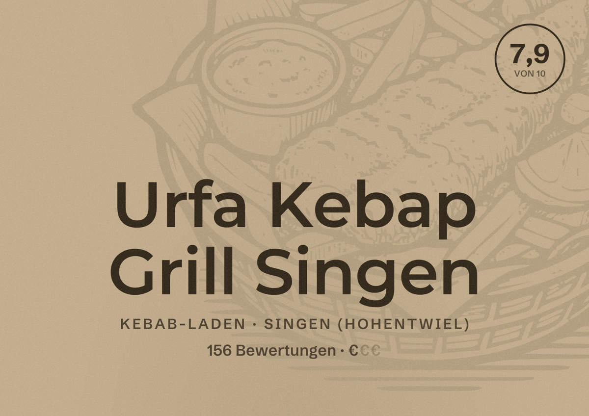 Illustriertes Poster von Urfa Kebap Grill Singen, Kebab-Laden in Singen (Hohentwiel): Bewertung 7,9 von 10 aus 156 Bewertungen, Preisniveau €