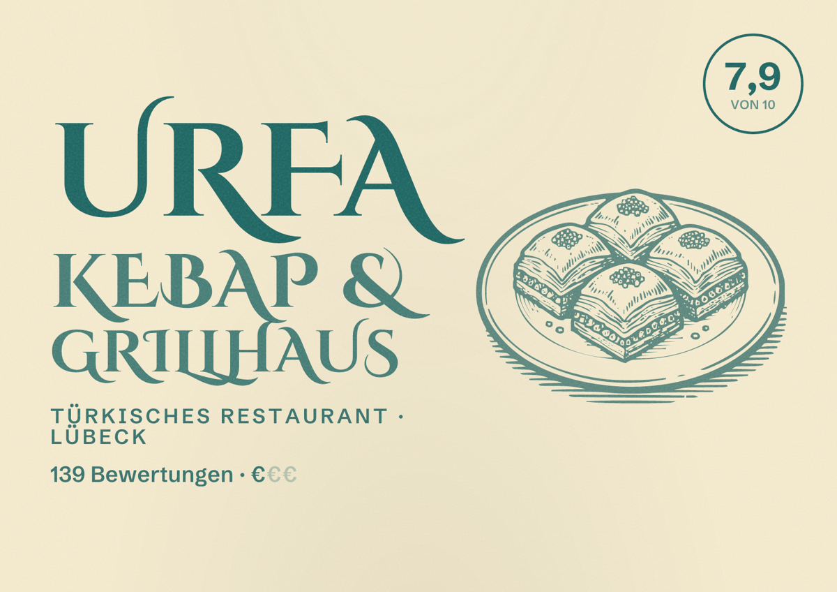 Illustriertes Poster von Urfa Kebap & Grillhaus, Türkisches Restaurant in Lübeck: Bewertung 7,9 von 10 aus 139 Bewertungen, Preisniveau €