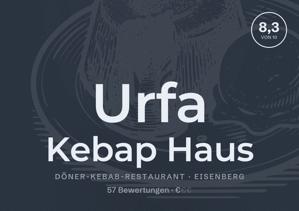 Illustriertes Poster von Urfa Kebap Haus, Döner-Kebab-Restaurant in Eisenberg: Bewertung 8,3 von 10 aus 57 Bewertungen, Preisniveau €