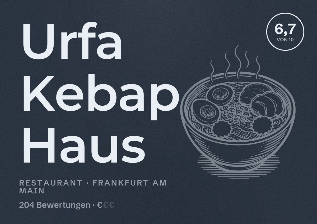 Illustriertes Poster von Urfa Kebap Haus, Restaurant in Frankfurt am Main: Bewertung 6,7 von 10 aus 204 Bewertungen, Preisniveau €