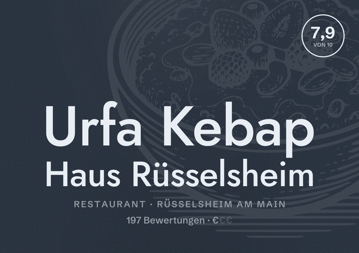 Illustriertes Poster von Urfa Kebap Haus Rüsselsheim, Restaurant in Rüsselsheim am Main: Bewertung 7,9 von 10 aus 197 Bewertungen, Preisniveau €