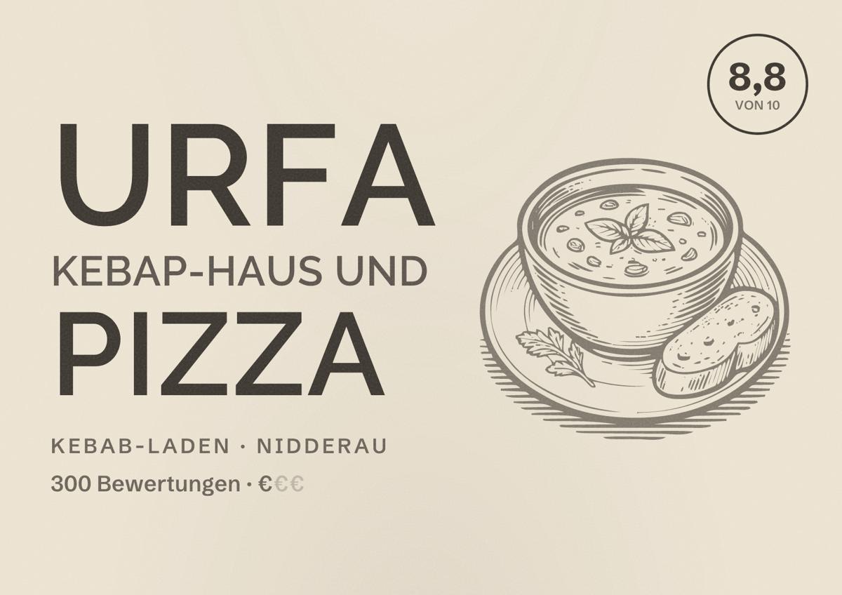 Illustriertes Poster von Urfa Kebap-Haus und Pizza, Kebab-Laden in Nidderau: Bewertung 8,8 von 10 aus 300 Bewertungen, Preisniveau €