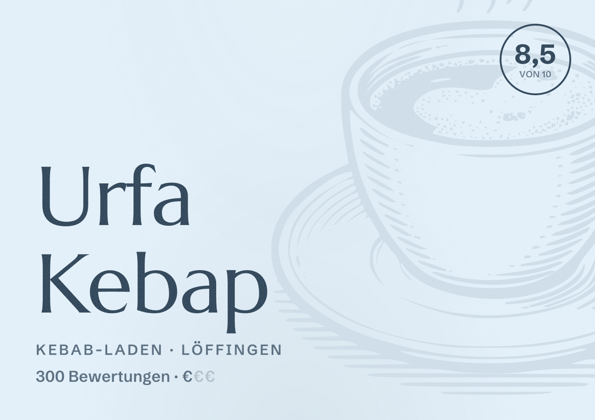 Illustriertes Poster von Urfa Kebap, Kebab-Laden in Löffingen: Bewertung 8,5 von 10 aus 300 Bewertungen, Preisniveau €