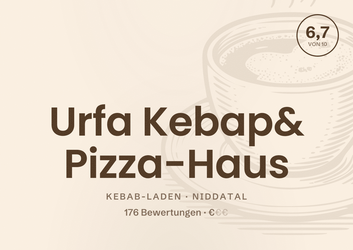 Illustriertes Poster von Urfa Kebap& Pizza-Haus, Kebab-Laden in Niddatal: Bewertung 6,7 von 10 aus 176 Bewertungen, Preisniveau €