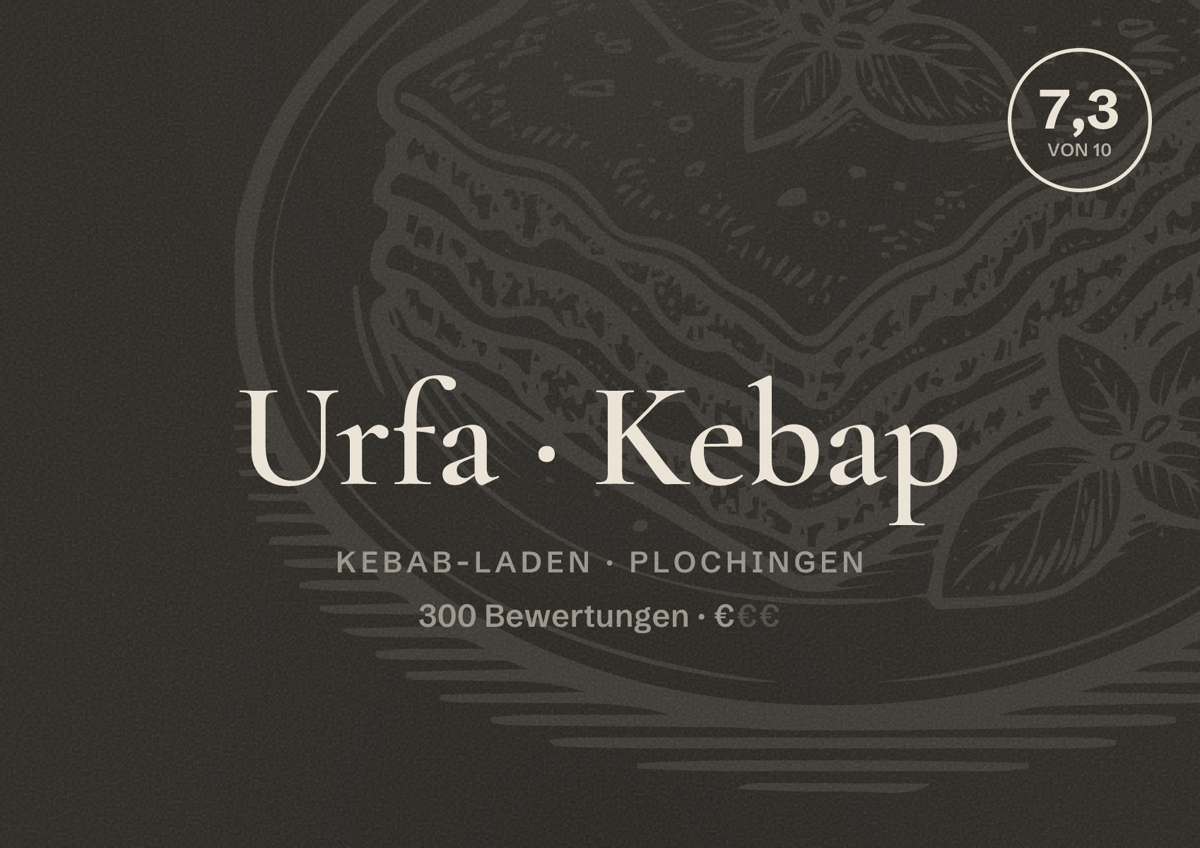 Illustriertes Poster von Urfa Kebap, Kebab-Laden in Plochingen: Bewertung 7,3 von 10 aus 300 Bewertungen, Preisniveau €