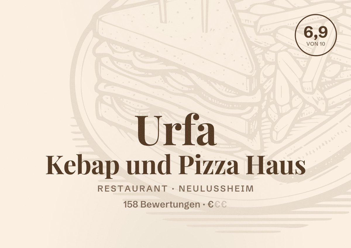 Illustriertes Poster von Urfa Kebap und Pizza Haus, Restaurant in Neulußheim: Bewertung 6,9 von 10 aus 158 Bewertungen, Preisniveau €