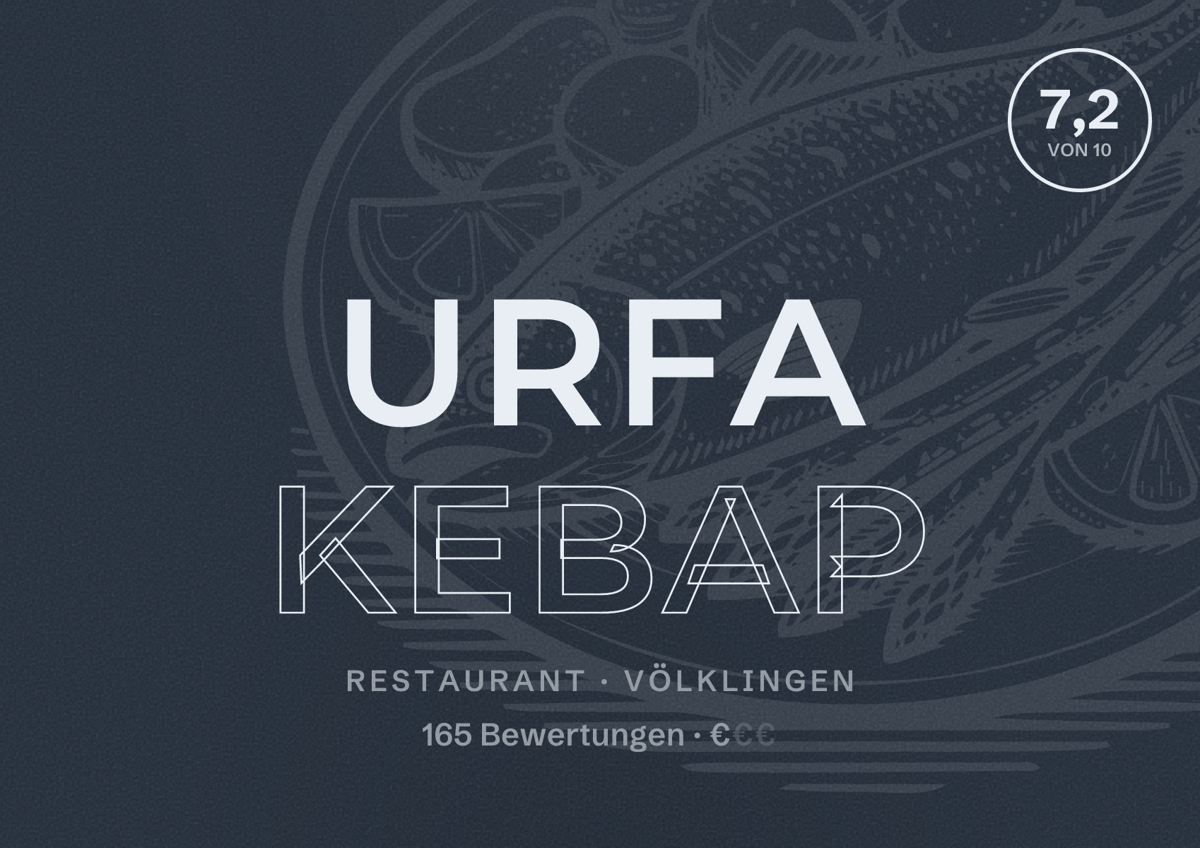 Illustriertes Poster von Urfa Kebap, Restaurant in Völklingen: Bewertung 7,2 von 10 aus 165 Bewertungen, Preisniveau €