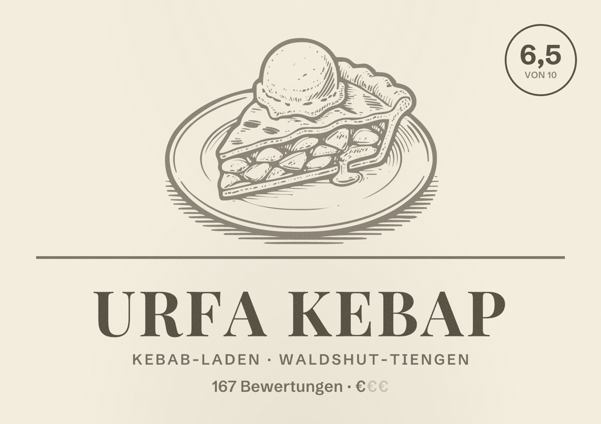 Illustriertes Poster von URFA KEBAP, Kebab-Laden in Waldshut-Tiengen: Bewertung 6,5 von 10 aus 167 Bewertungen, Preisniveau €